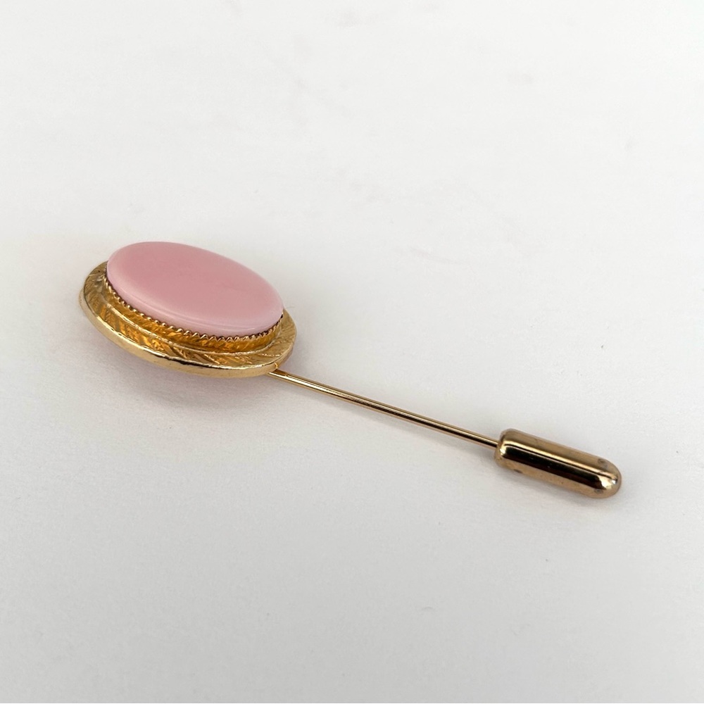 Lapel Stick Pin Tie Pink Glass Oval Cabochon 2.3”  Gold Tone